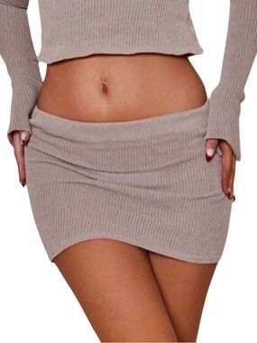 PrettyLittleThing Taupe Sheer Soft Rib Low Waist Micro Mini Skirt - Size US 2